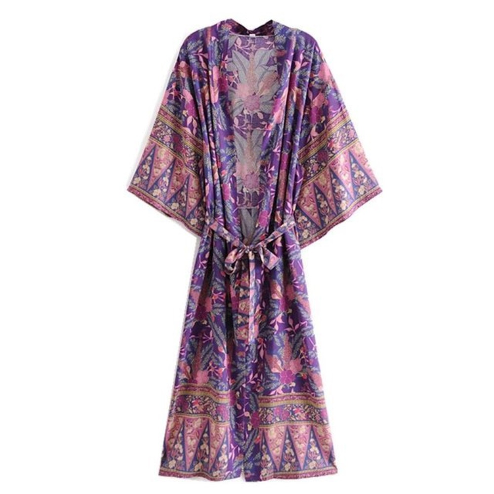 Purple Long Floral Bohemian Kimono Robe